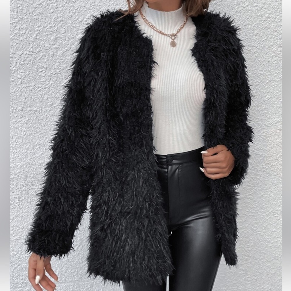 Cozy Faux Vegan Fur Open Front Jacket Coat Hot Pink - Picture 11 of 14